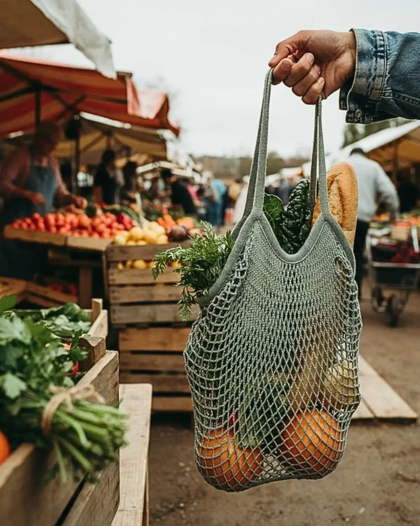 Green mesh crochet tote bag filled with fresh vegetables at a farmers market.