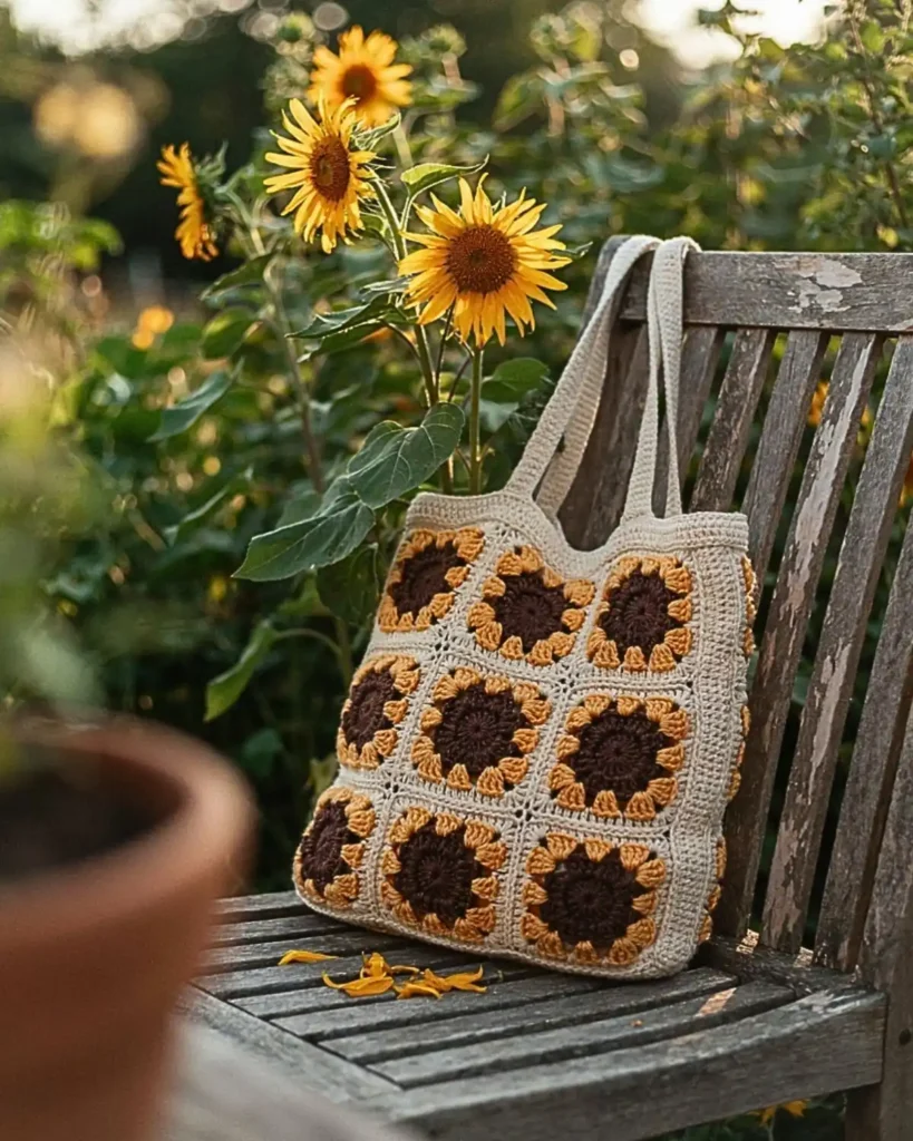 Sunflower granny square crochet tote bag displayed on a wooden chair in a cottage garden.
