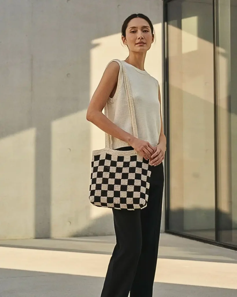 Black and cream checkerboard crochet tote bag styled against modern city architecture.