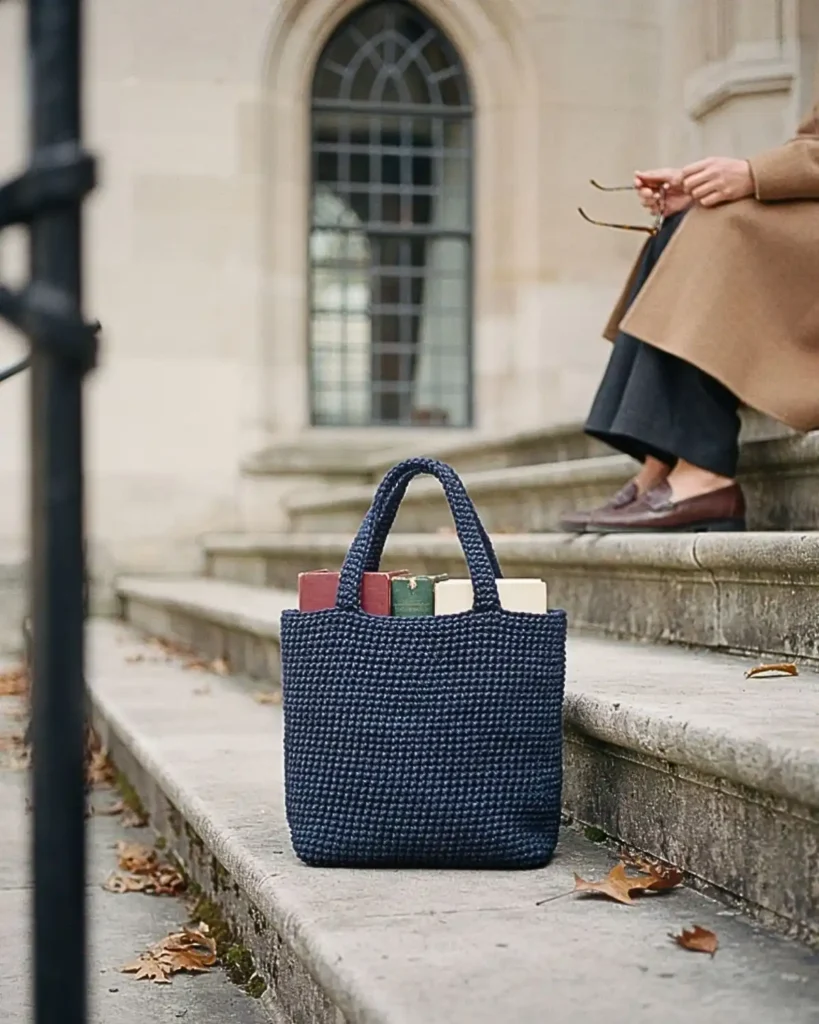 Dense navy crochet tote bag holding several books on the steps of a quiet library.