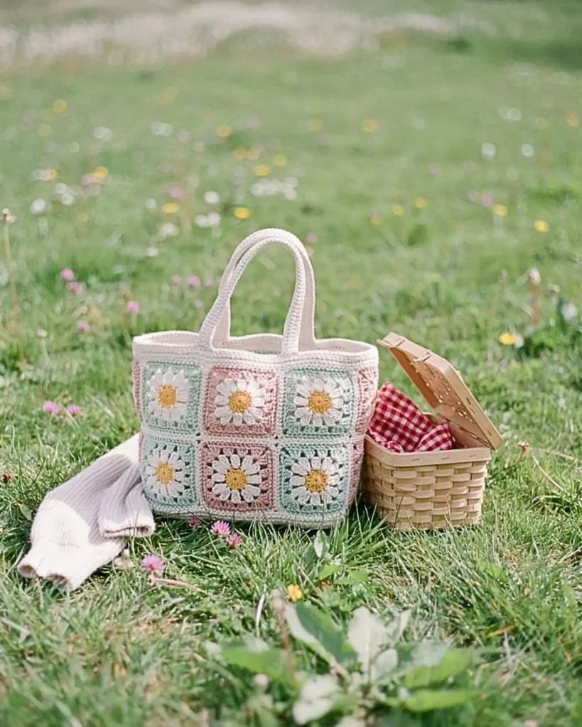 Pastel daisy motif crochet tote bag beside a spring picnic in a flower-filled meadow.