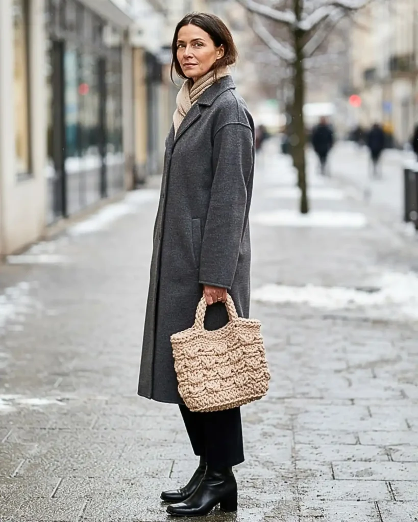 Chunky oatmeal crochet tote bag styled with a winter coat on a city street.