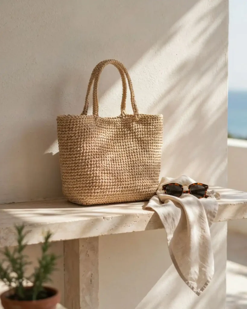 Structured natural raffia-style crochet tote bag on a sunlit Mediterranean-inspired terrace.