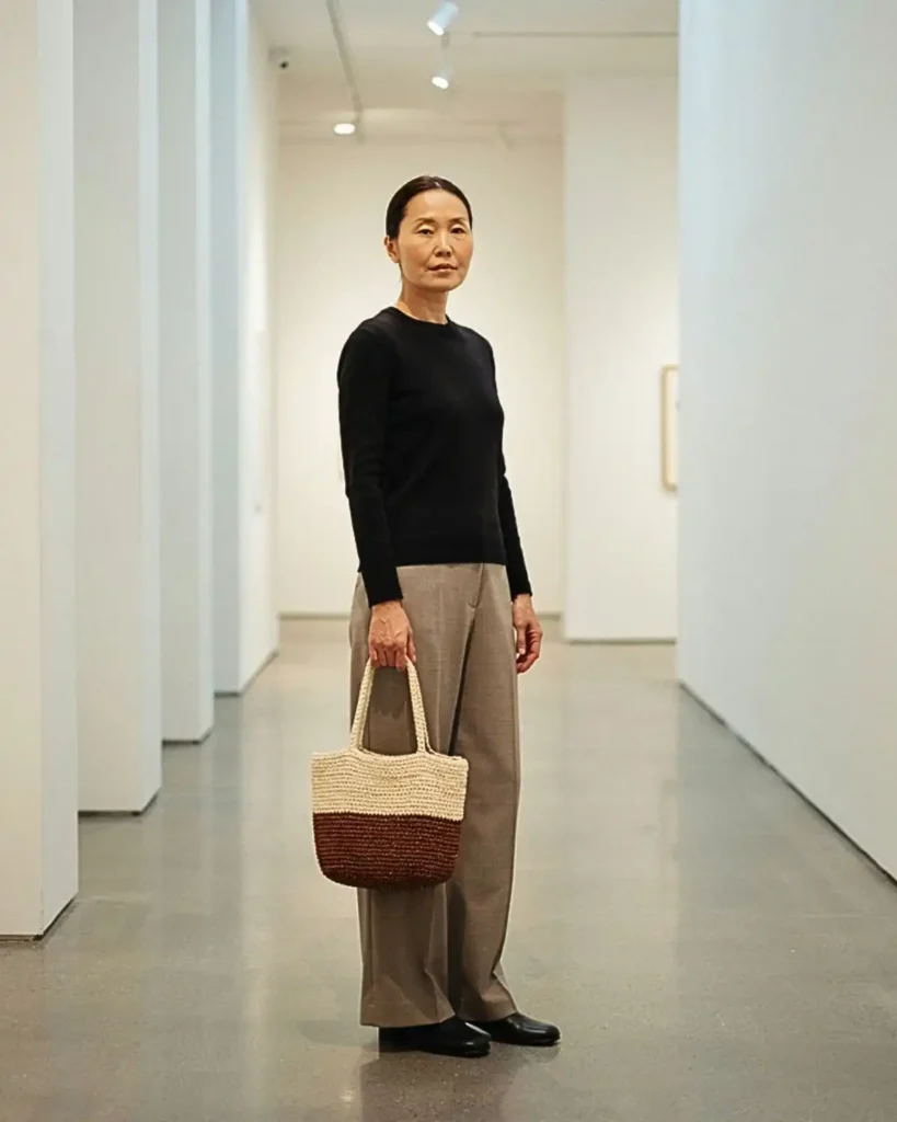 Chocolate brown and cream two-tone crochet tote bag in a minimalist gallery setting.