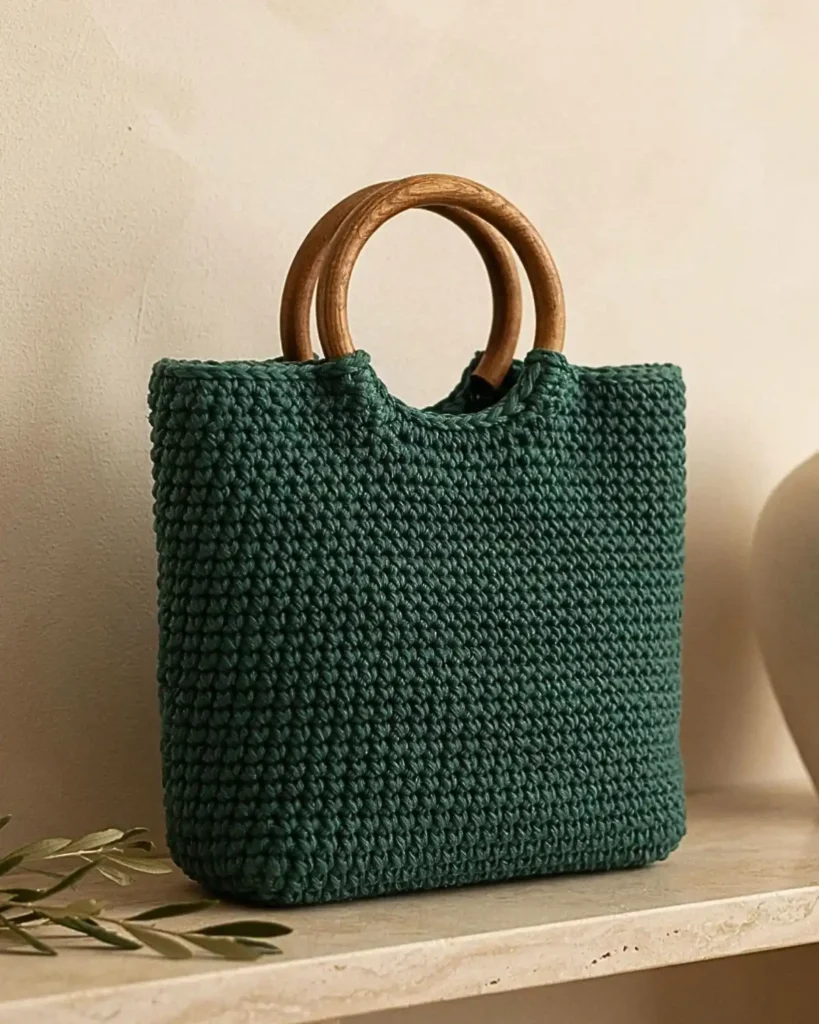 Deep green textured crochet tote bag with smooth circular wooden handles.