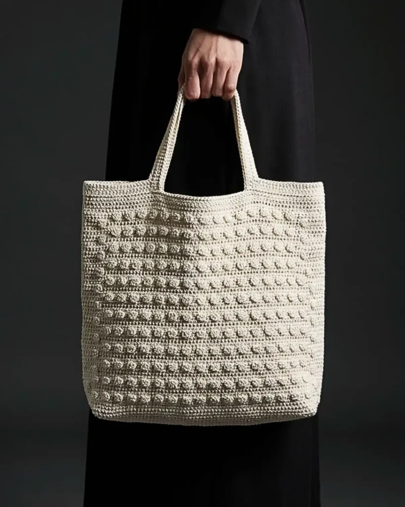 Ivory bobble stitch crochet tote bag with raised geometric texture against a dark outfit.