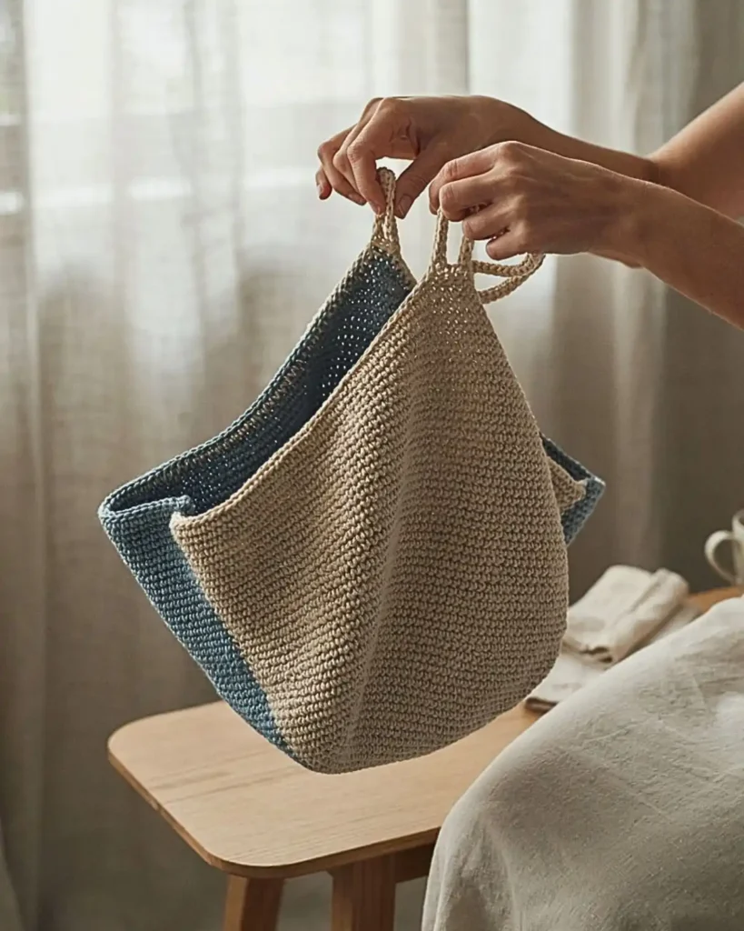 Reversible crochet tote bag being turned from a neutral beige side to a muted blue interior.