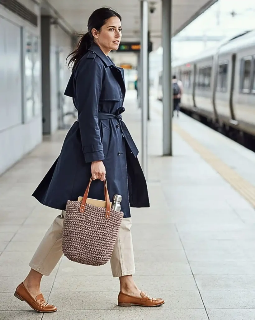 Taupe crochet tote bag with brown leather straps carried by a commuter at a train station.
