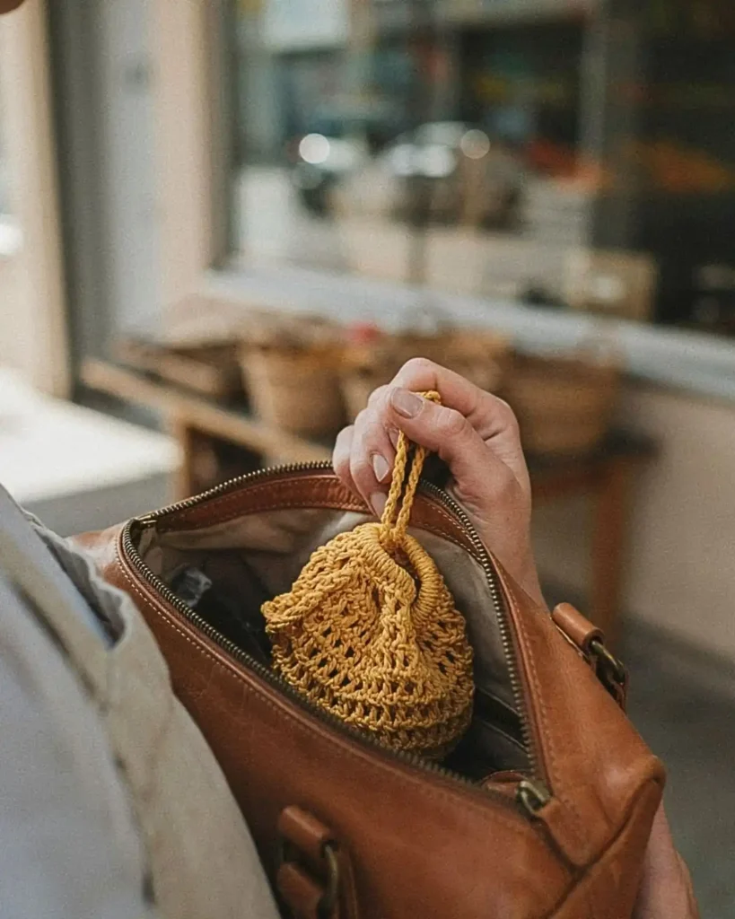 Small folded crochet net shopping tote being pulled from an everyday handbag before shopping.
