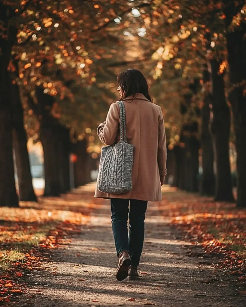 Heather gray cable-textured crochet tote bag carried through an autumn park.
