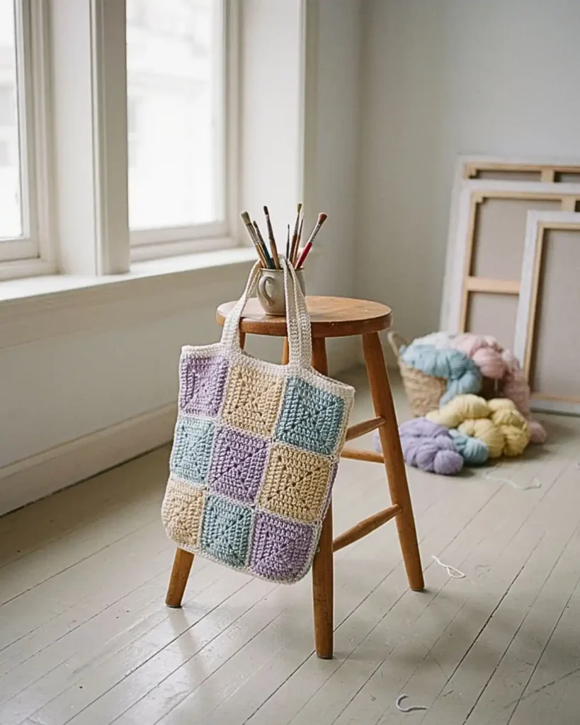 Pastel patchwork crochet tote bag in lavender, mint, blush, blue, and yellow squares.