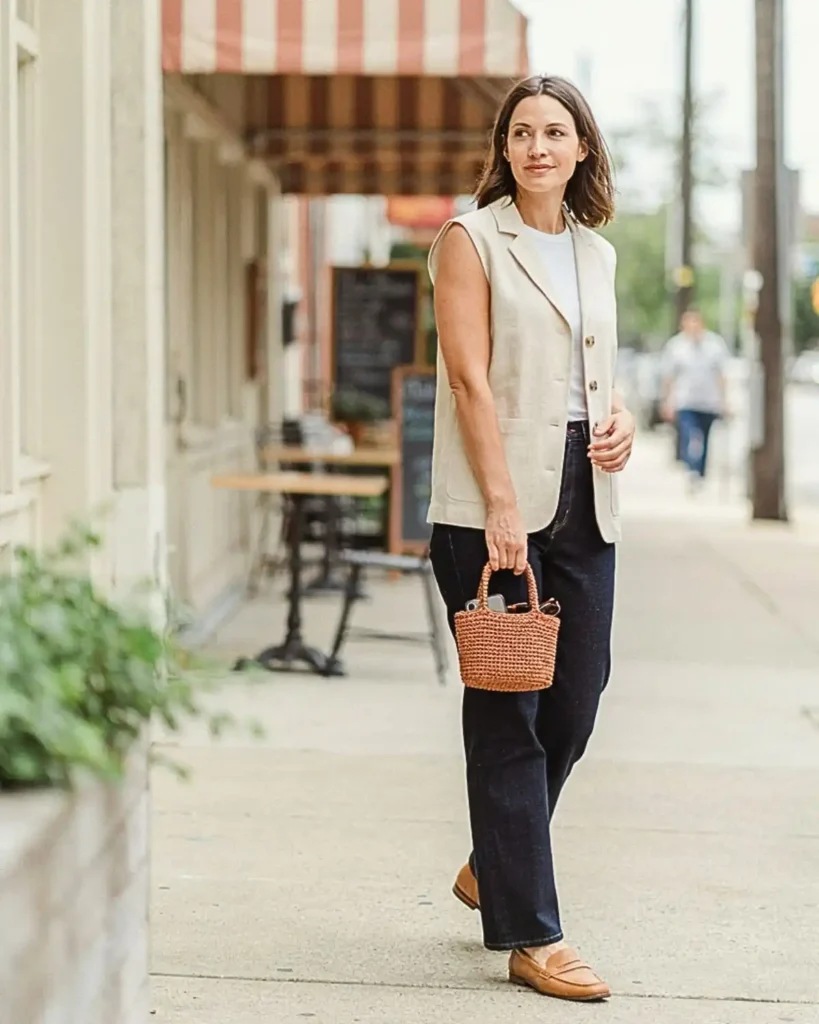 Small caramel crochet tote bag styled with a polished casual outfit on a city sidewalk.