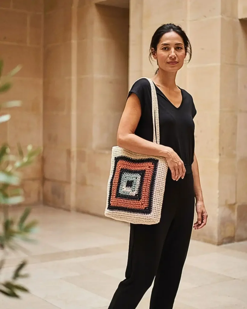 Geometric tapestry crochet tote bag with terracotta, black, cream, and teal motifs.