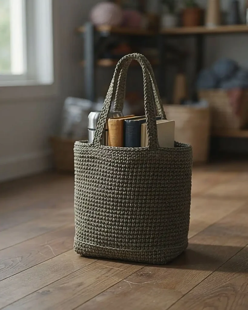 Structured olive crochet tote bag with a firm reinforced bottom holding books and daily essentials.