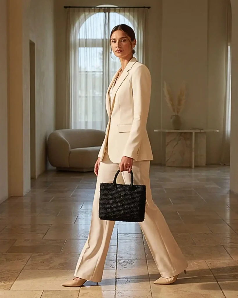 Black monochrome crochet tote bag styled with an elegant cream suit in a modern hotel lobby.