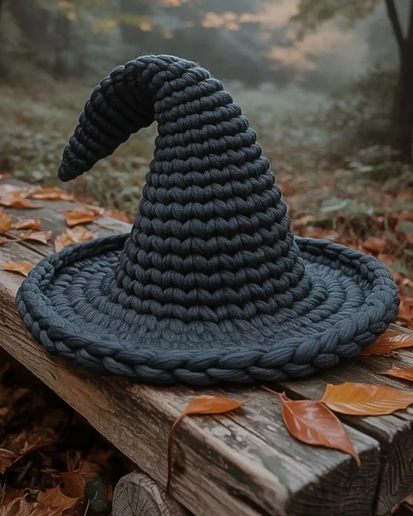 Chunky black crochet witch hat made with thick bulky yarn and a wide brim.