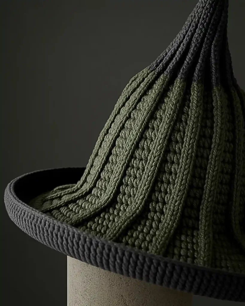 Deep green ribbed crochet witch hat showing raised vertical stitch texture.