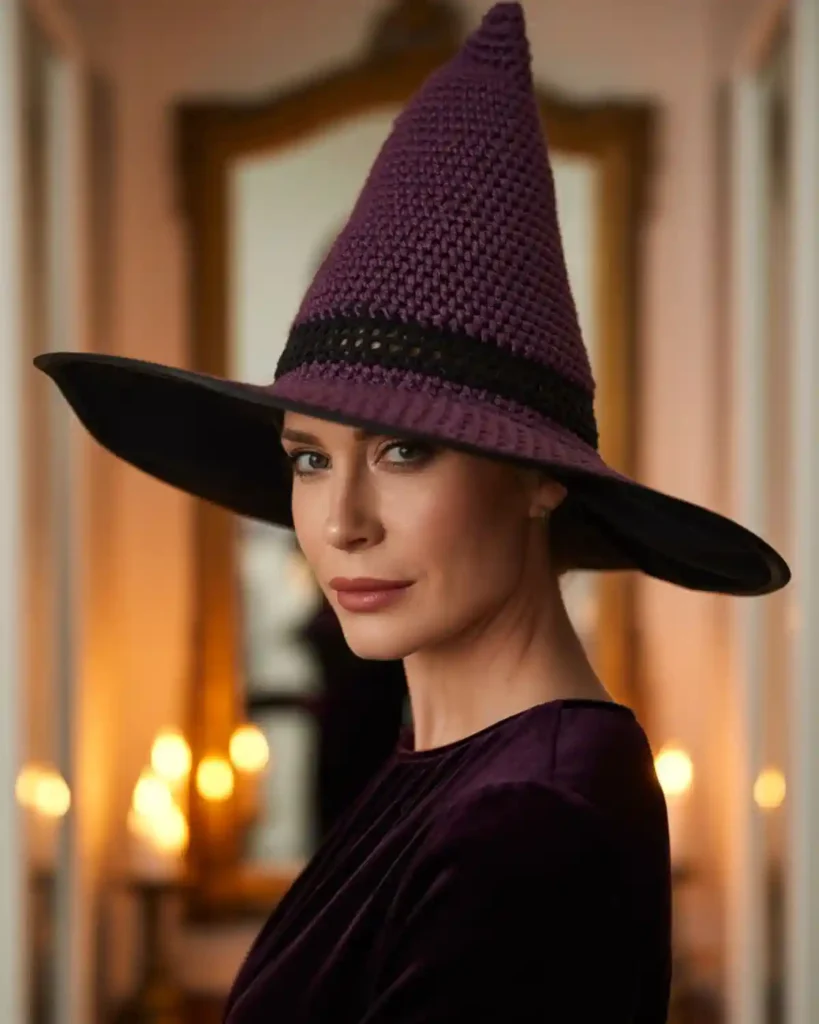 Deep purple and black crochet witch hat worn with a dark plum Halloween outfit.