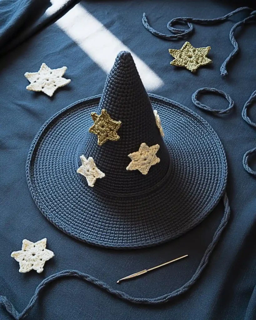Black crochet witch hat decorated with cream and gold crochet star appliqués.
