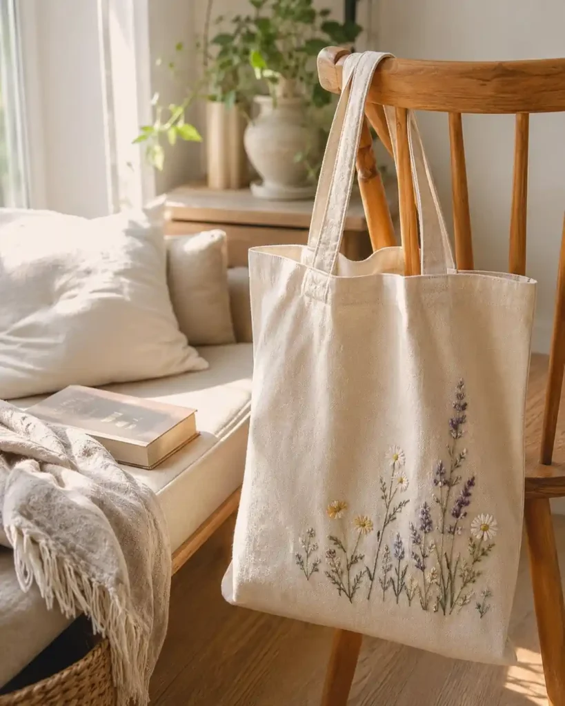 White linen tea towels embroidered with herbs, lemons, and small kitchen-inspired botanical motifs.