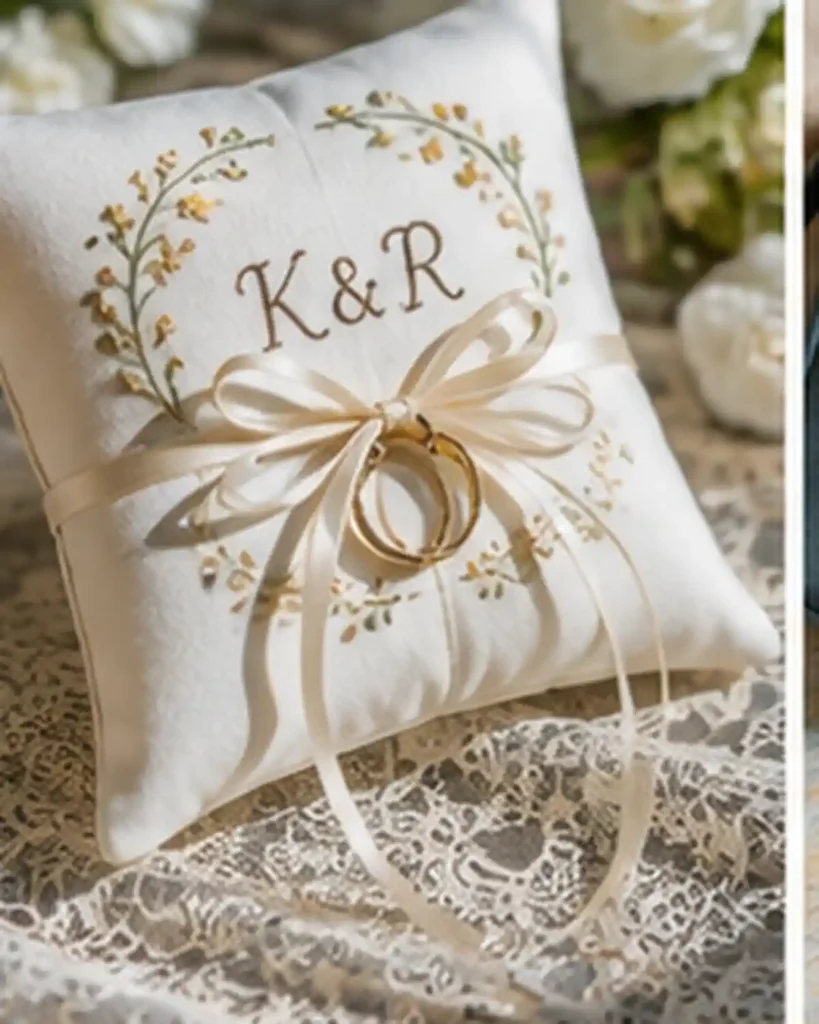 Ivory linen wedding ring pillow embroidered with delicate flowers and subtle personalized initials.