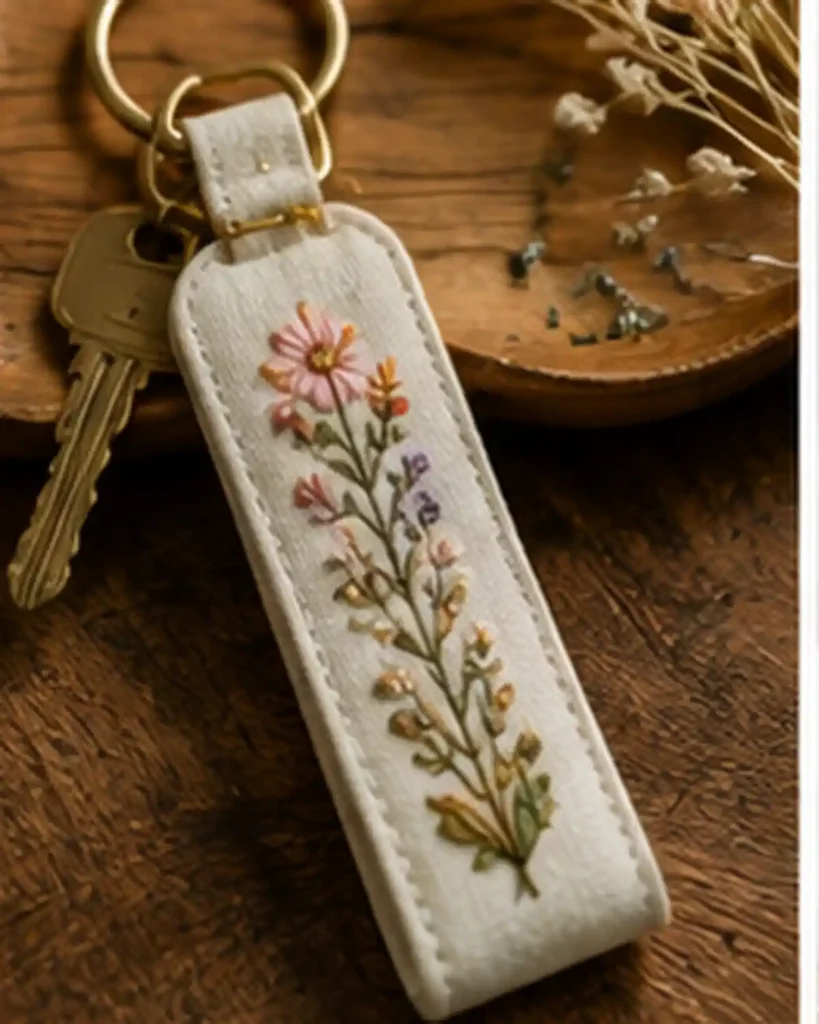 Small handmade embroidered floral keychain attached to a simple brass key ring.