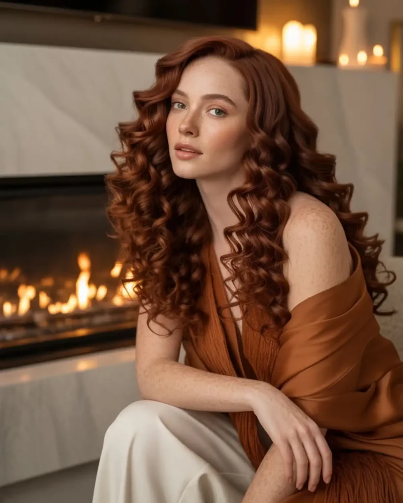 Auburn feather crochet hair with rich reddish-brown curls and soft natural volume.