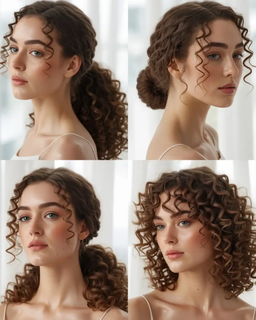 Different everyday feather crochet hair styles including ponytail, bun, half-up hairstyle, and loose curls.