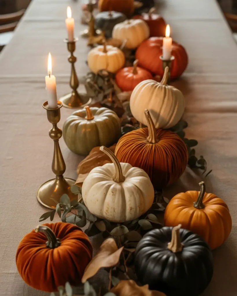 Old-world pumpkin centerpiece with velvet, papier-mâché, and natural pumpkins