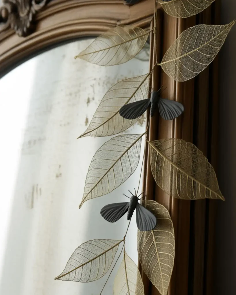 Antique gold skeleton leaf garland decorated with small black paper moths