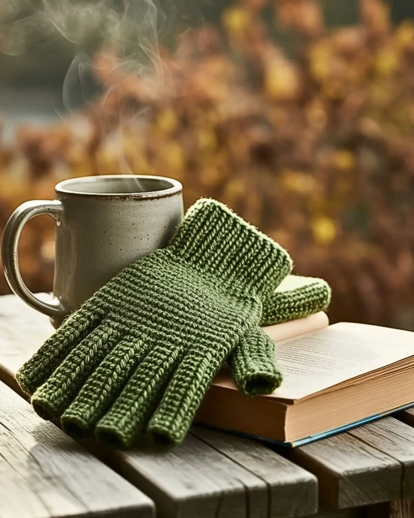 Pair of textured fingerless crochet gloves in forest green yarn beside an autumn mug