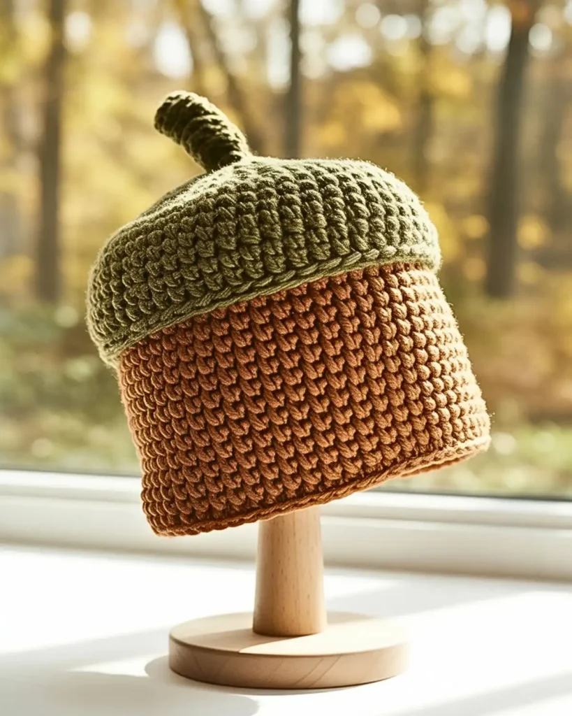 Whimsical acorn-inspired crochet beanie in brown and olive yarn for autumn