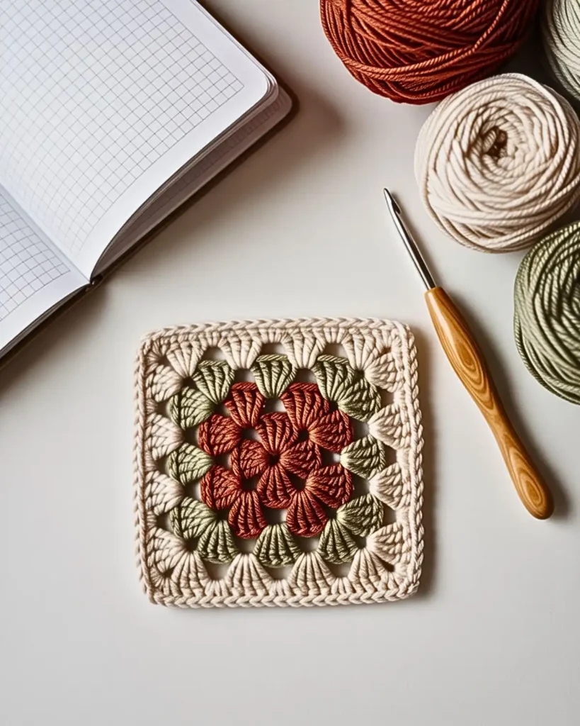 Crochet granny square with a dimensional autumn leaf motif in rust, cream and olive