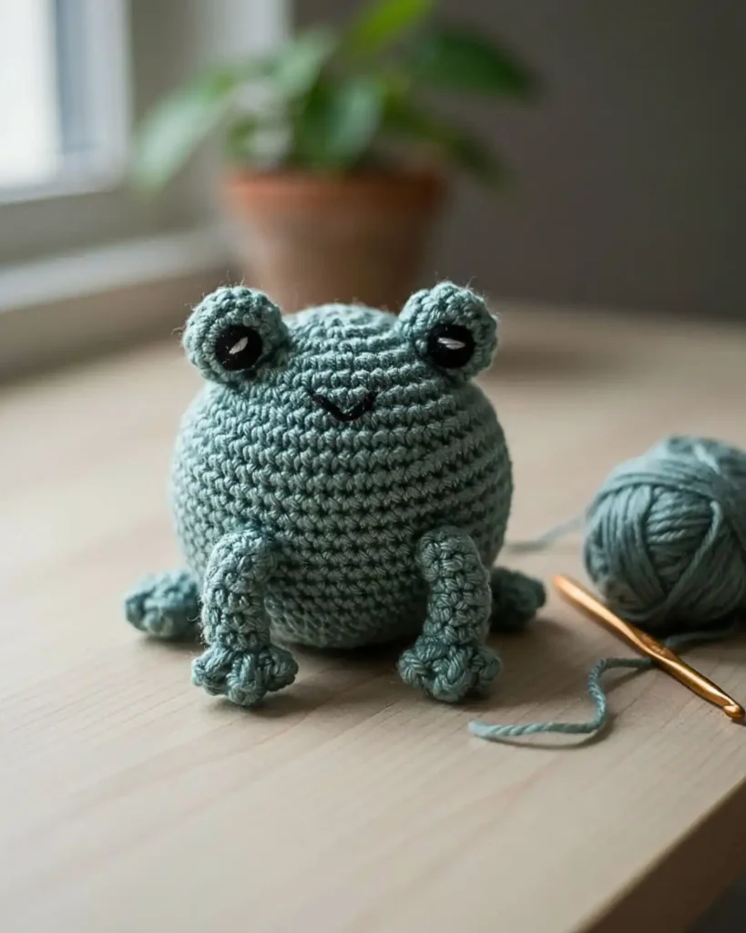 Tiny green crochet frog sitting beside yarn on a wooden craft desk
