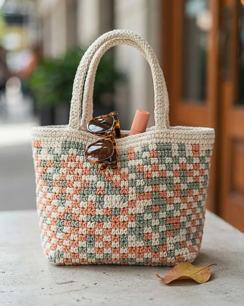 Small colorful crochet tote bag styled with sunglasses and everyday accessories