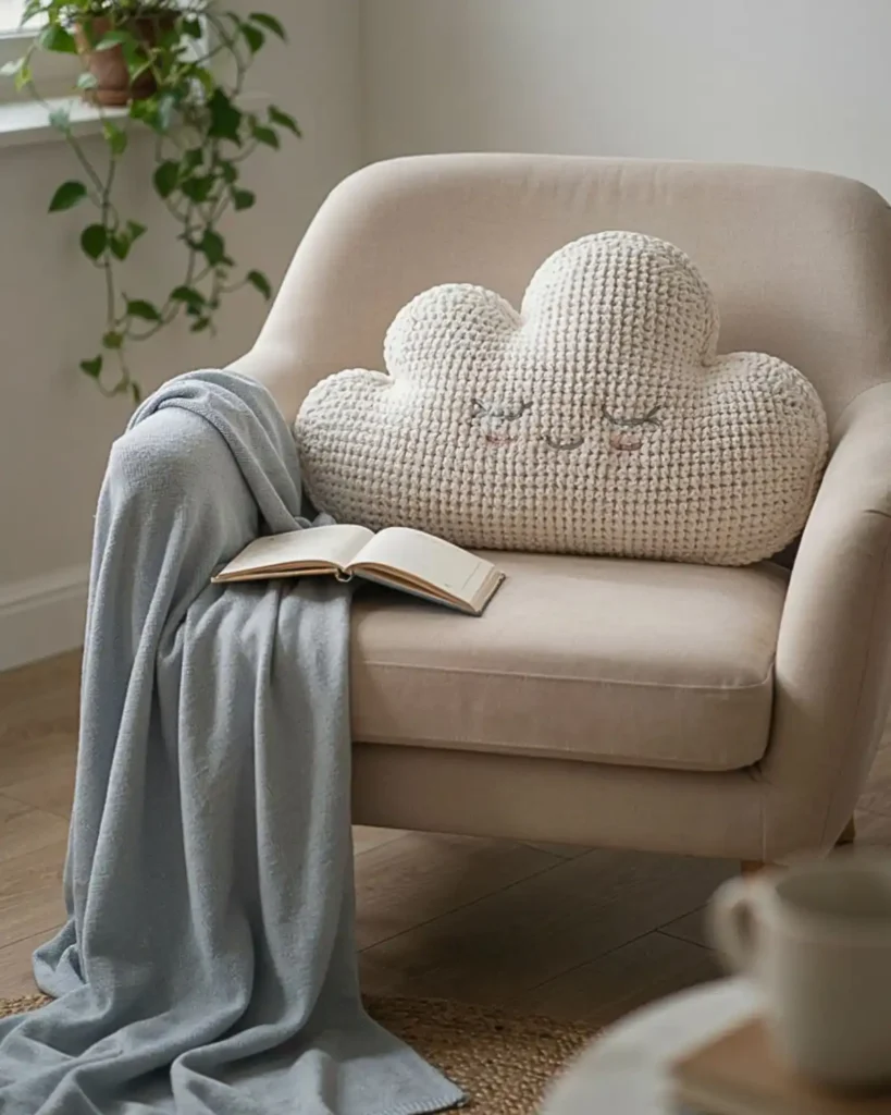 Soft white crochet cloud pillow with embroidered sleepy face in a reading nook
