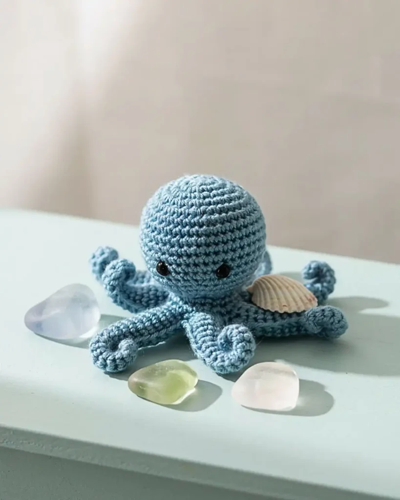Small blue crochet octopus with curled tentacles on an 