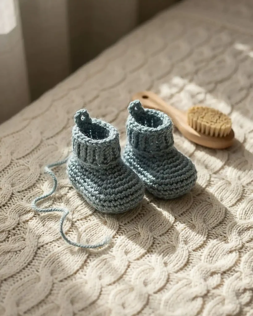 Pair of soft pastel crochet baby booties on a cream knitted blanket