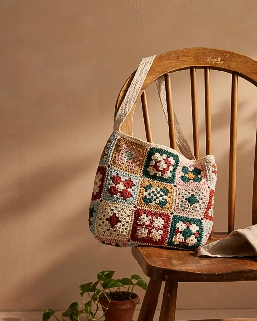 Colorful patchwork crochet shoulder bag made from mixed granny squares