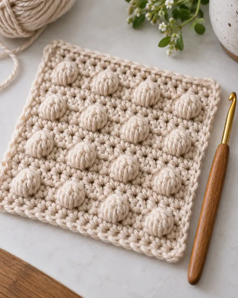 Classic 5-DC Bobble Stitch Swatch shown as a neat practice swatch with evenly spaced five-double-crochet bobbles and a crochet hook beside it.