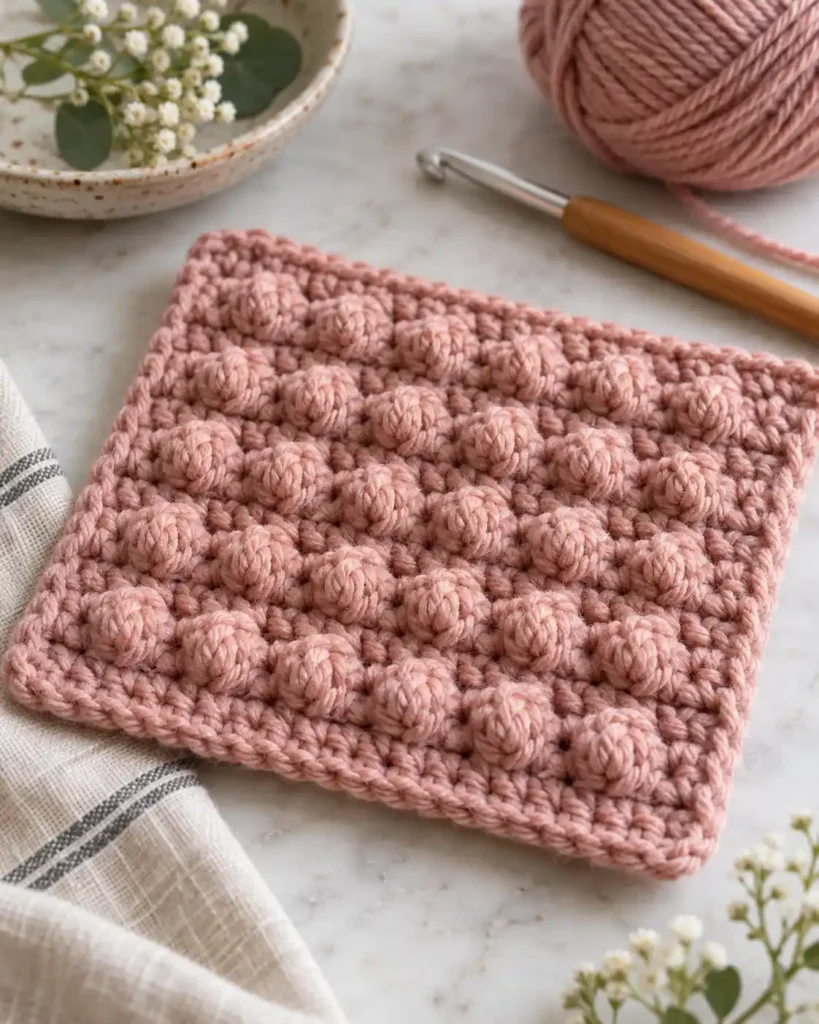 Single Crochet Bobble Stitch shown as a dense single-crochet swatch with compact raised bobbles arranged in tidy rows.