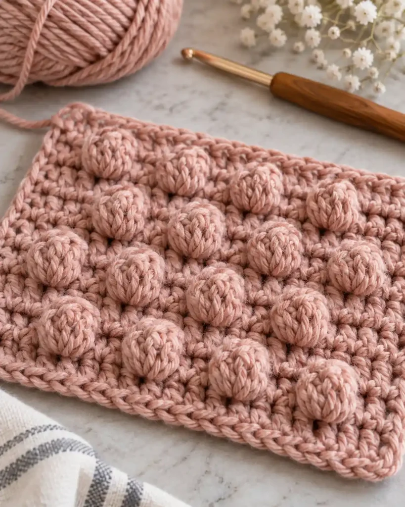 Double Crochet Bobble Stitch shown as a close-up textured swatch showing pronounced double-crochet bobbles with visible stitch definition.