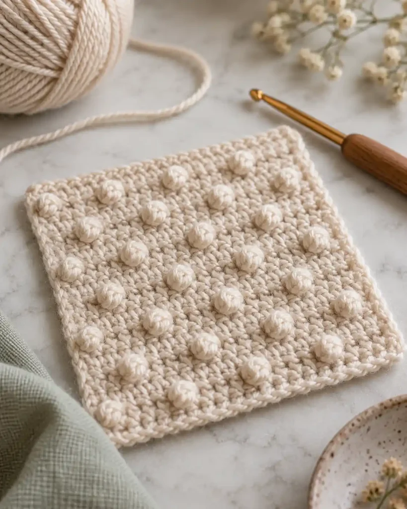 Mini Bobble Stitch shown as a fine-gauge crochet swatch with tiny evenly spaced bobbles creating subtle dotted texture.