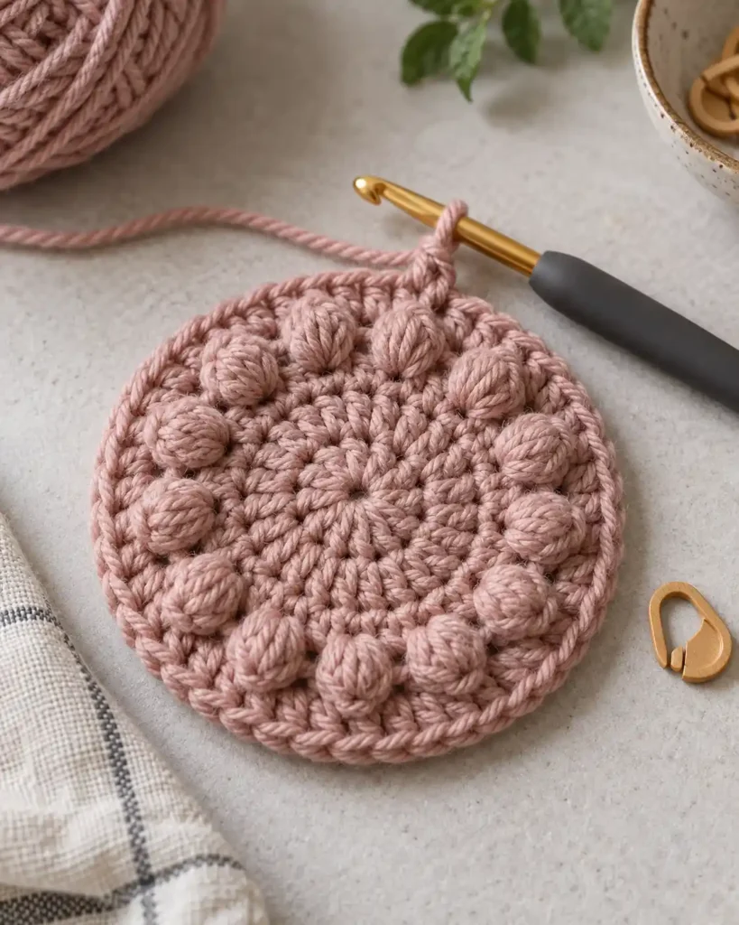 Bobble Stitch in the Round shown as a circular crochet sample with evenly spaced bobbles, beside a hook and round-marker clip.