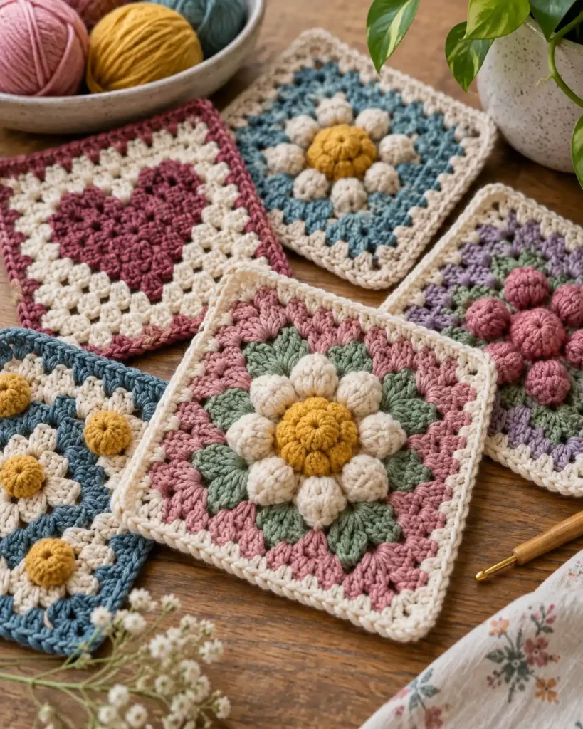 Bobble Stitch Granny Square shown as several colorful granny squares with raised bobble centers, dots, hearts and geometric details.