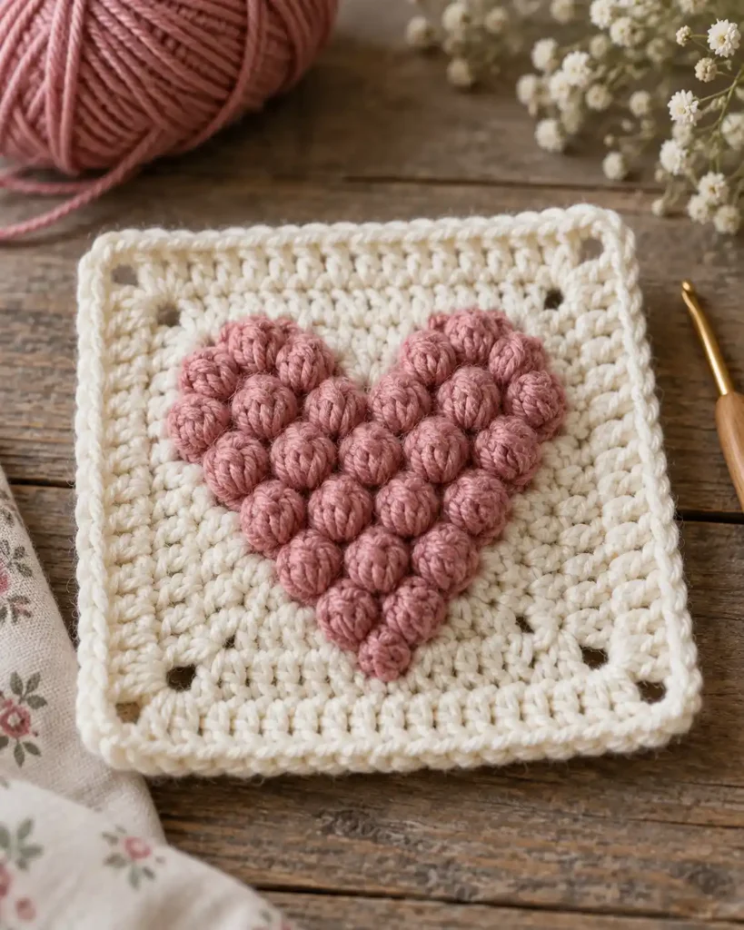 Bobble Stitch Heart Motif shown as a crochet square with a clearly defined heart made from raised bobble stitches.