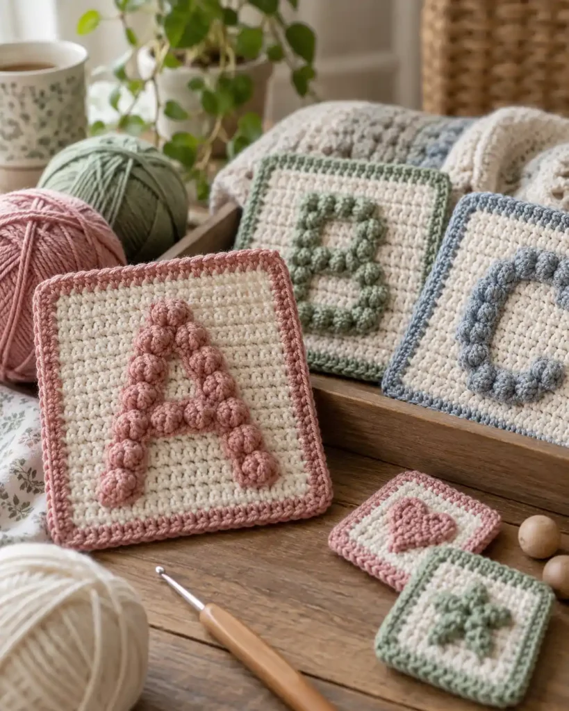 Bobble Stitch Letters & Alphabet shown as a set of crochet panels with crisp raised bobble letters and simple alphabet blocks.