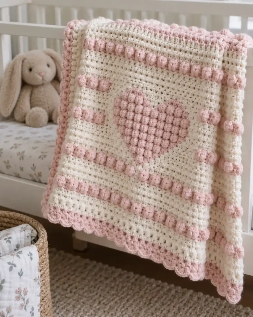 Bobble Stitch Baby Blanket shown as a soft nursery baby blanket with gentle bobble rows and a simple raised heart motif.
