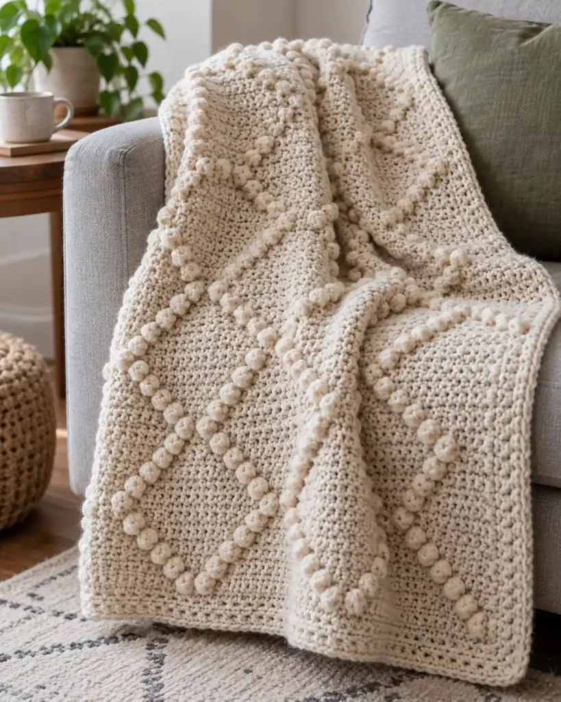 Bobble Stitch Border & Edging shown as a close-up blanket corner finished with an evenly spaced bobble stitch border.