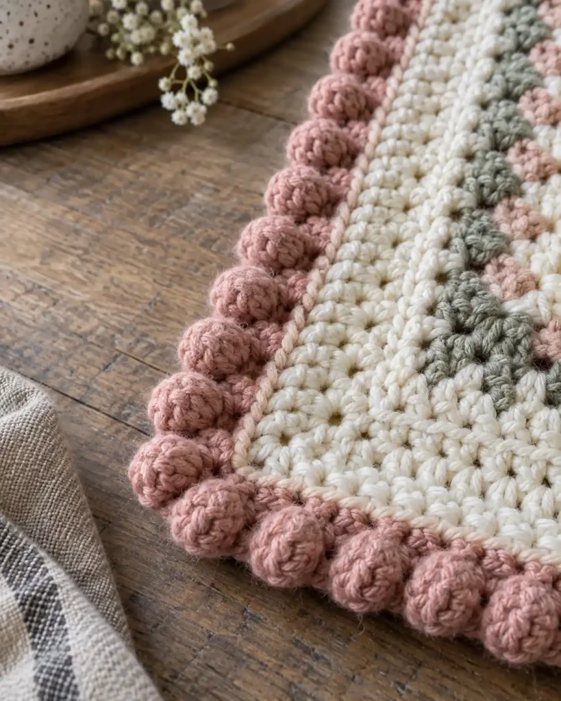 Bobble Stitch Pillow & Cushion shown as a square handmade crochet pillow with an elegant raised bobble motif on a sofa.